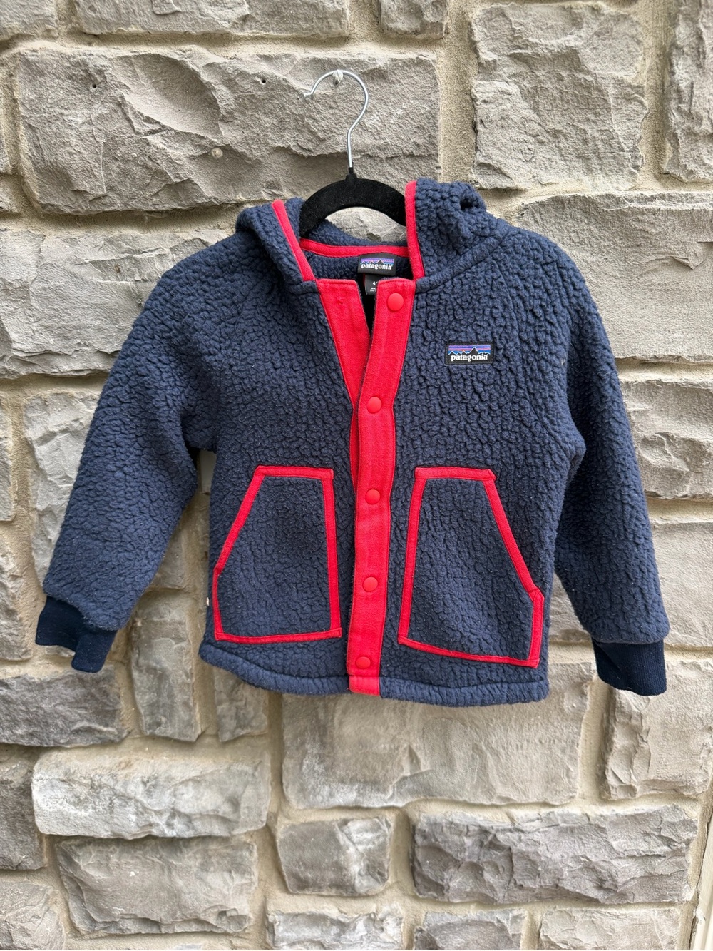 Patagonia Kids Navy Fleece Hoodie with Red Trim Accents